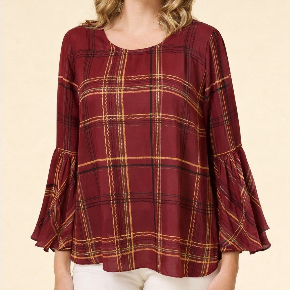 Susan Graver‎ Burgundy Plaid Bell Sleeve Tunic Top Size 12 Sheer Lightweight